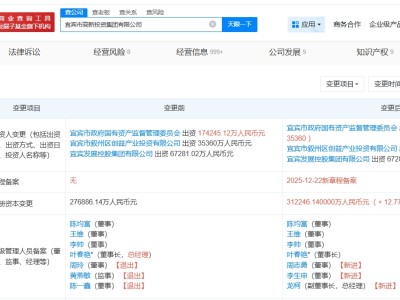 宜宾市高新投资集团增资至31.2亿 增幅约13%