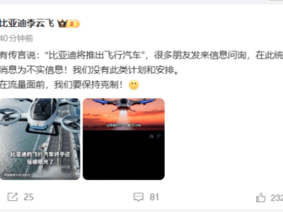 比亚迪李云飞辟谣：明确否认公司有推出飞行汽车的计划安排