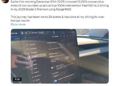 美国特斯拉车主驾驶2025款Model 3，FSD 14.2助力连续无干预行驶超1万英里
