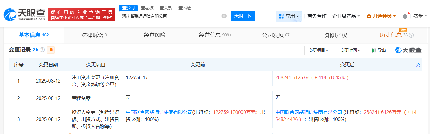 河南省联通通信有限公司工商变更信息