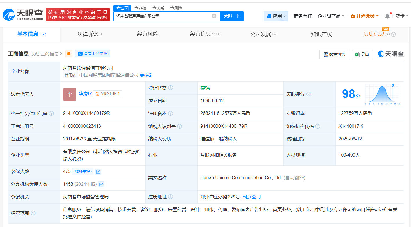 河南省联通通信有限公司注册资本增长趋势