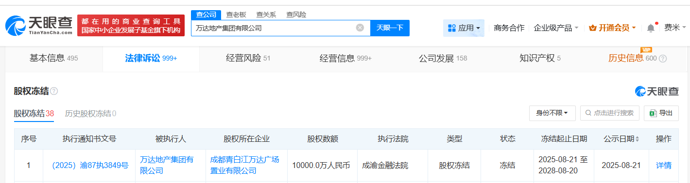 万达地产被冻结1亿股权