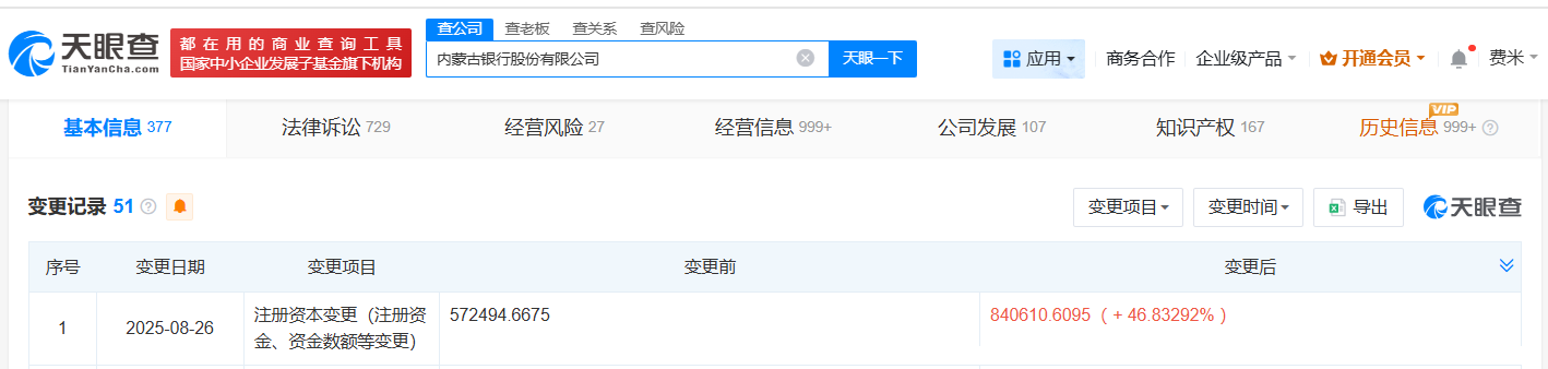 内蒙古银行工商变更信息
