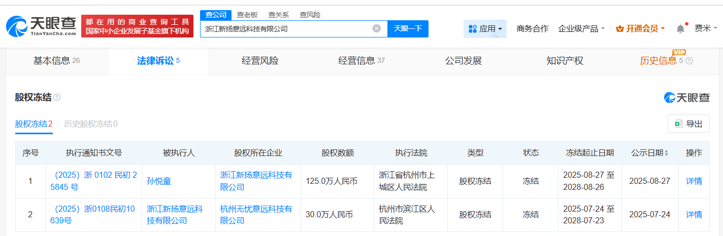 相关股权冻结信息截图