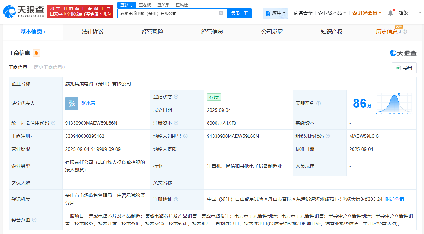 威兆半导体在舟山成立集成电路公司  注册资本8000万