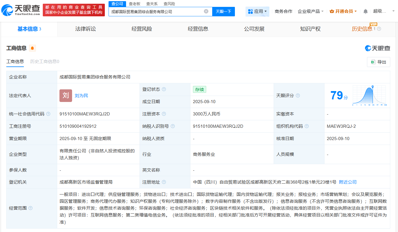 成都国际贸易集团成立综合服务公司  注册资本3000万