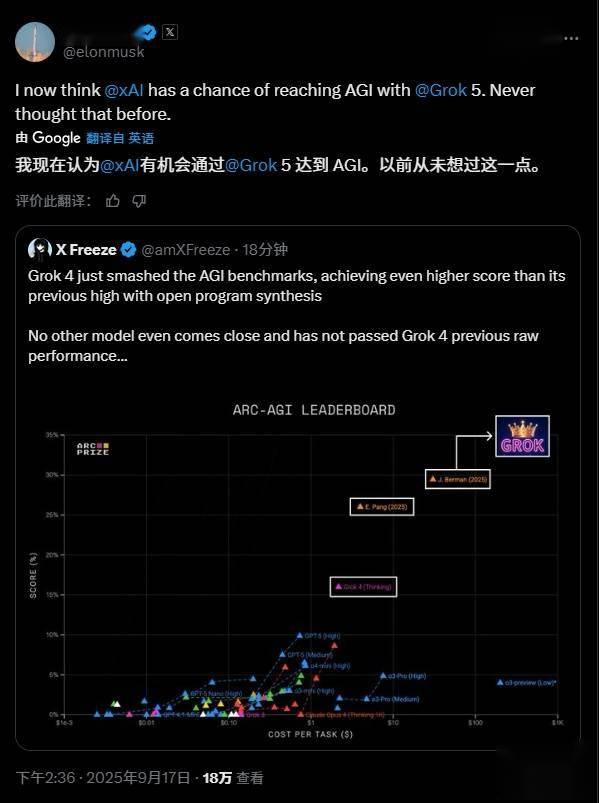 马斯克关于Grok 5的推文截图