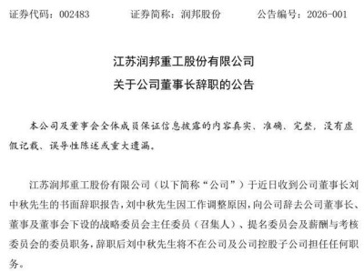 润邦股份董事长刘中秋任职不足两年辞职，去年前三季度业绩下滑