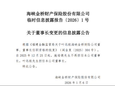 海峡保险高层变动：叶远航接任董事长 施培德转任临时负责人