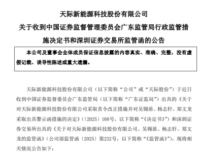 锂电大牛股天际股份扭亏为盈 却因违规遭监管措施 董事长等三人被警示
