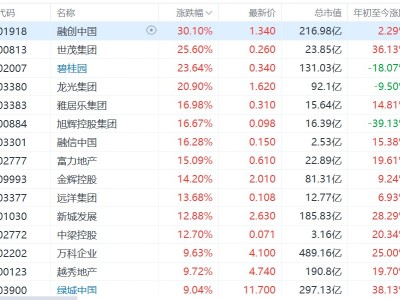 港股异动丨内房股集体飙升!融创中国涨超30%,世茂集团涨超25%,碧桂园涨超23%