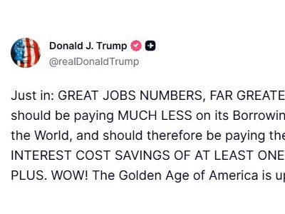 特朗普大赞非农数据，再催美联储降息至“全球最低”