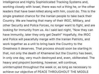 特朗普发文确认：伊朗最高领袖哈梅内伊已死 精准轰炸将持续进行