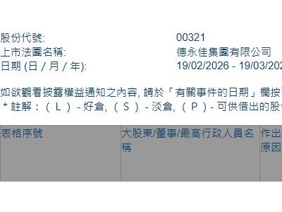 德永佳集团(00321.HK)获执行董事潘彬泽增持10万股