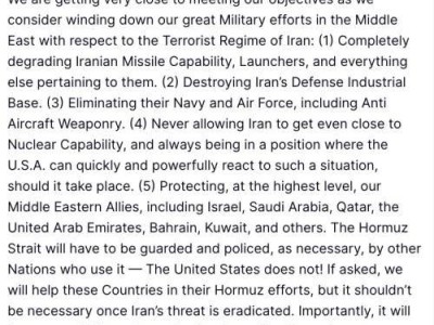 特朗普：正考虑逐步降级对伊朗的军事行动，接下来将不再保障霍尔木兹海峡的安全