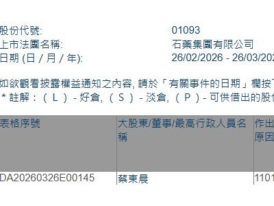 石药集团(01093.HK)获执行董事兼主席蔡东晨增持4940万股