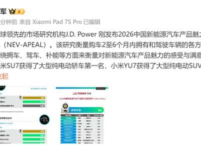 雷军公布喜讯：小米SU7与YU7在权威评选中双双斩获品类第一！