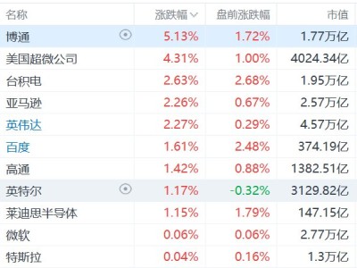 美股AI芯片股集体走强，博通涨超5%，AMD涨超4%