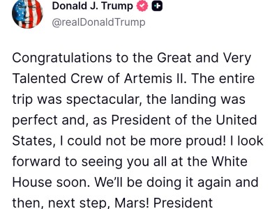 特朗普祝贺“阿耳忒弥斯2号”成功溅落