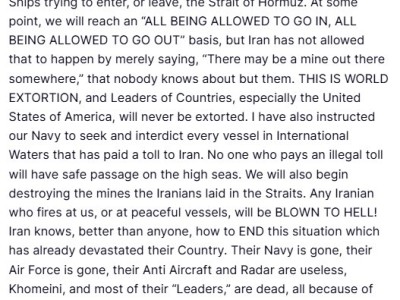 特朗普：即刻起，美军封锁霍尔木兹海峡