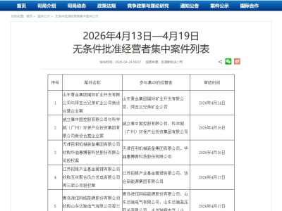 市场监管总局发布4月13日—4月19日无条件批准经营者集中案件列表