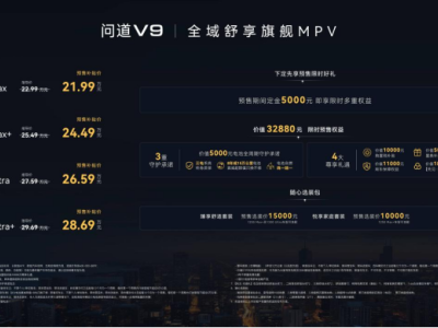 问道V9预售补贴价21.99万起，率先搭载华为雪鸮+华为智擎+宁德骁遥黄金动力组合